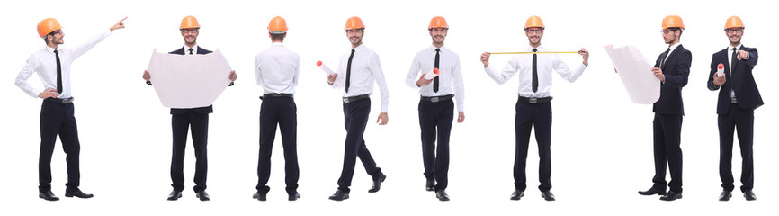 panoramic photo collage of qualified architect isolated on white