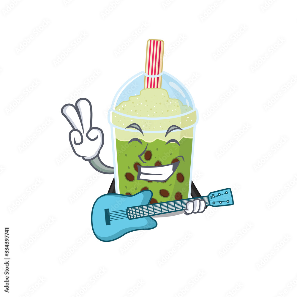 Poster Supper cool matcha bubble tea cartoon playing a guitar