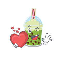 A romantic cartoon design of matcha bubble tea holding heart