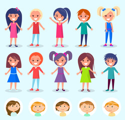 Portrait view of smiling young people, kids set of boys and girls in colorful clothes isolated on blue background, children in flat design style vector