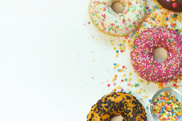 A lot of colorful candy. Tasty appetizing Party Accessories Happy Birthday Sweet Treat Swirl Candy Lollypop on Bright Background Flat Lay isolated on white background