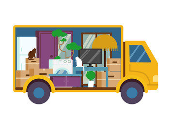 Moving truck full of furniture and boxes. Inside view. Flat vector illustration.
