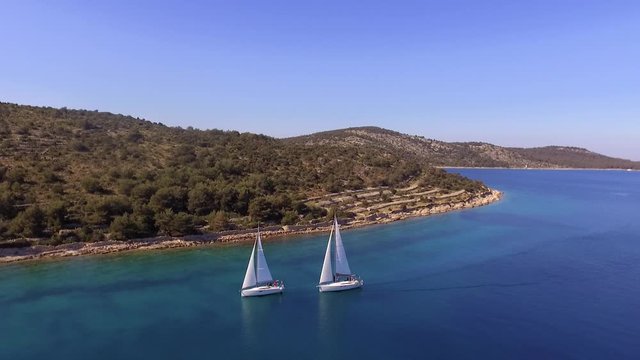 Aerial view of sailing boats near Kornati islands in Croatia