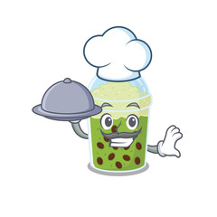 Matcha bubble tea as a chef cartoon character with food on tray