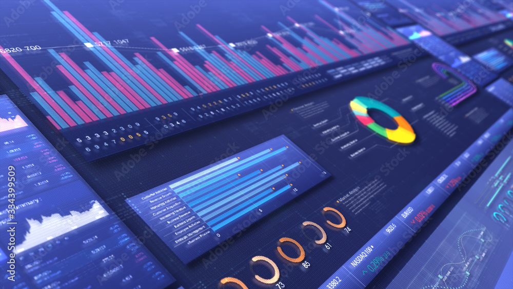 Poster Business stock market, trading, info graphic with animated graphs, charts and data numbers insight analysis to be shown on monitor display screen for business meeting mock up theme
