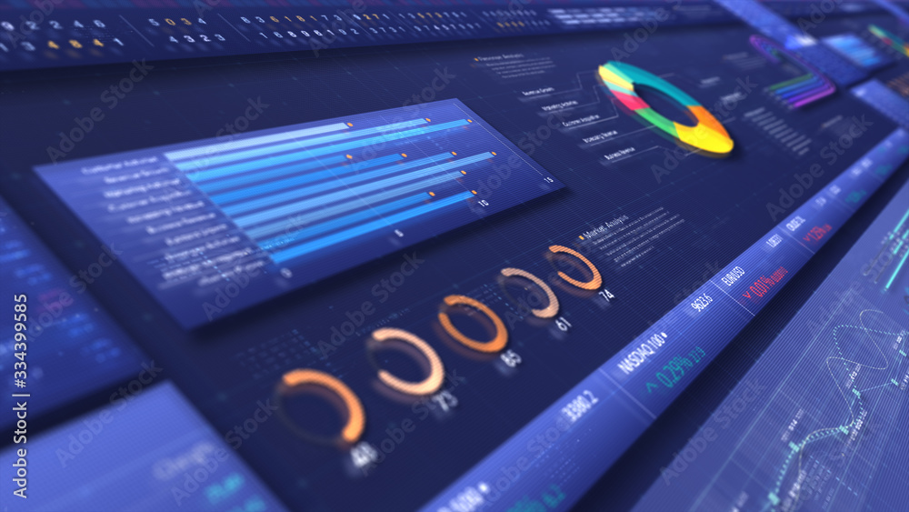 Poster business stock market, trading, info graphic with animated graphs, charts and data numbers insight a