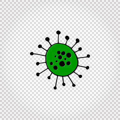 Virus and bacteria hand drawn icon. Simple colored green doodle illustration. Isolated on transparent. Vector.