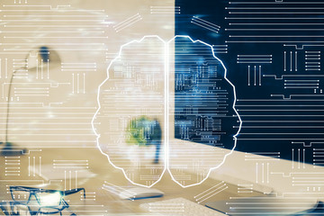 Double exposure of work space with computer and human brain drawing hologram. Brainstorm concept.