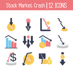 money symbols and stock market crash icon set, flat style