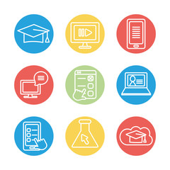 graduation cap and education online icon set, line block style
