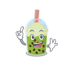 One Finger matcha bubble tea in mascot cartoon character style