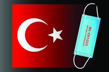 urkey flag with vector illustration of disposable mask and Covid-19 inscription
