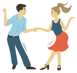 People character dancing, full length view of man and woman moving with holding hands isolated. Dancers rhythm, male and female hobby, motion vector