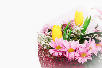 bouquet of pink chrysanthemum flowers and yellow tulips