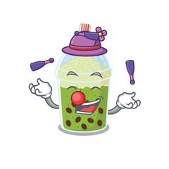 A sweet matcha bubble tea mascot cartoon style playing Juggling