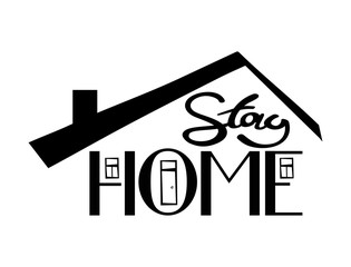 Stay Home lettering with silhouettes of a house and a cat. Vector illustration