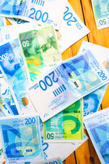 Israely Shekel money bills collection background.