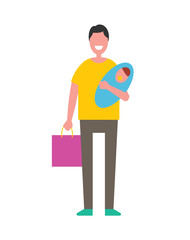 Man holding newborn baby on hands, fatherhood concept vector illustration isolated. Father and son infant, happy nursery, taking care about child