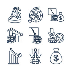Fototapeta premium money coins and stock market crash icon set, line style