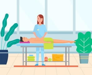 Man getting a stomach massage. Professional masseuse wearing uniform and male patient lying on table and enjoying relaxing abdominal belly procedure vector