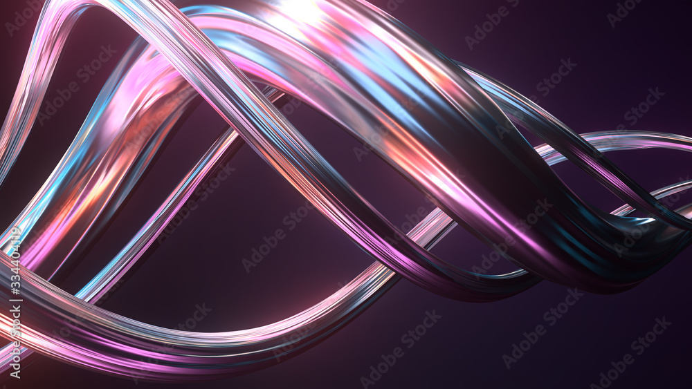 Poster 3d render of twisted shape made of chrome material. iridescent colorful reflections...