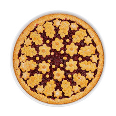 Homemade cherry pie crostata isolated on white background. Top view.