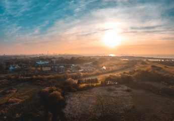 sunrise drone over city