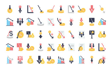 stock market crash icon set, flat style