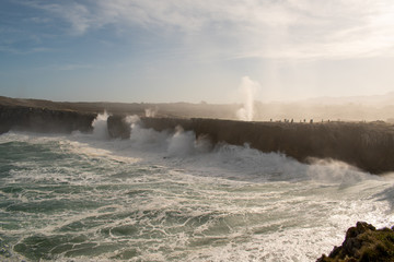 Cliffs and blowholes after a storm at 'Bufones de Pria' , Asturias, Spain
