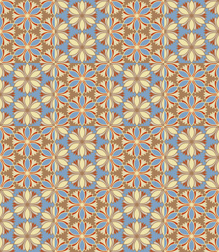 Seamless pattern tiled ornament. Floral textile print. Islamic vector design. Oriental background with abstract flowers. Hexagonal patchwork swatch. Stained glass vitrage.
