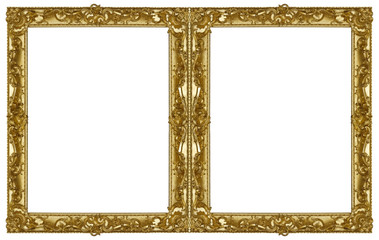 Double golden frame (diptych) for paintings, mirrors or photos isolated on white background