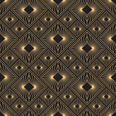 Gold pattern for perfume. Linear geometric Art Deco bricks. 20s retro style. Luxury seamless pattern. Packaging or menu design. Vector. Golden tiles.