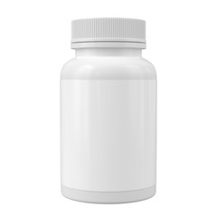 White medicine bottle mockup. Blank label vitamin template. Pills jar isolated on white.