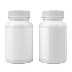 Two white medicine bottles mockup. Blank label vitamin template. Isolated on white