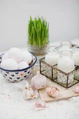 Eco farm products. Fresh eggs, milk and garlic