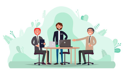 People meeting in office vector, men discussing strategy of company. Businessman with partners leaders of company teamwork of professionals at work