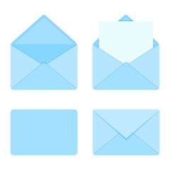 Set of blank blue color envelopes icons. Flat style vector illustration.