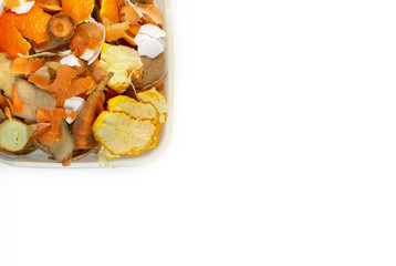 Food waste carrots, bananas, potatoes, oranges, onions, eggshells in a container on a white background. Top view. Flat lay. Copy space. Waste for recycling.