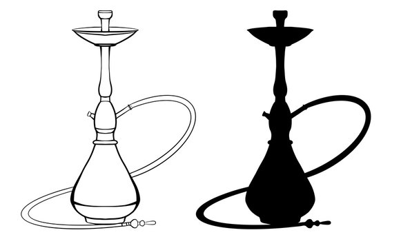 Set of contour and black silhouette of hookahs isolated on a white background. Rest and relaxation. Vector object for logos, icons, infographics and your design.