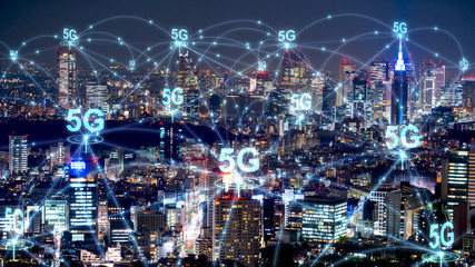 5G network wireless systems and internet communication with modern city. Smart city concept