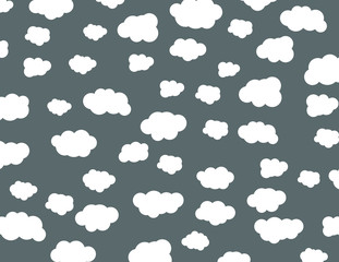 White clouds on grey background in the form of the sky. Chaotic set of white clouds. Flat. Vector illustration. Eps10