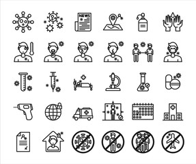 Fototapeta premium Coronavirus or covid-19 virus icons set for infographic or website. Conceptual sign and symbol created with grids for pixel perfect. Line icon set.