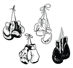 Set of boxing gloves. Collection of protective equipment for training. Black and white illustration for the gym.d