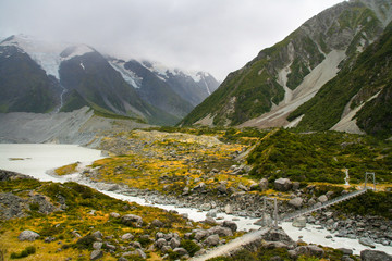 Bridge over Hooker River in Aoraki - Mount Cook national park New Zealand