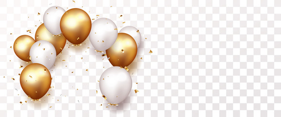 Celebration banner with gold confetti and balloons