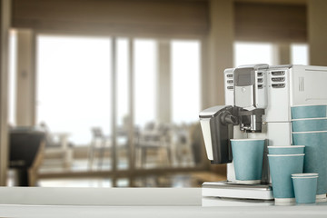 Coffee machine in cafe interior and free space for your decoration. 