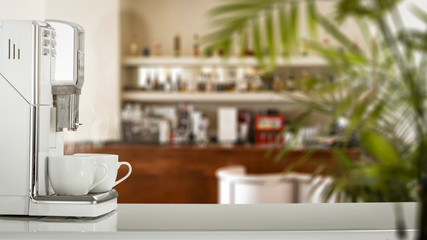 Coffee machine in cafe interior and free space for your decoration. 