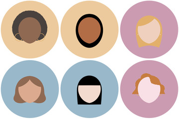 Set of round women icons of different ethnicity with pastel color backgrounds