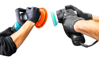 Car polish wax worker hands holing polishing tools isolated on white background. Buffing and...