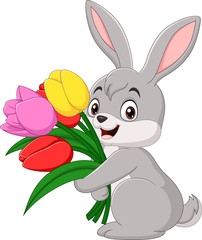 Cute baby rabbit holding a flowers